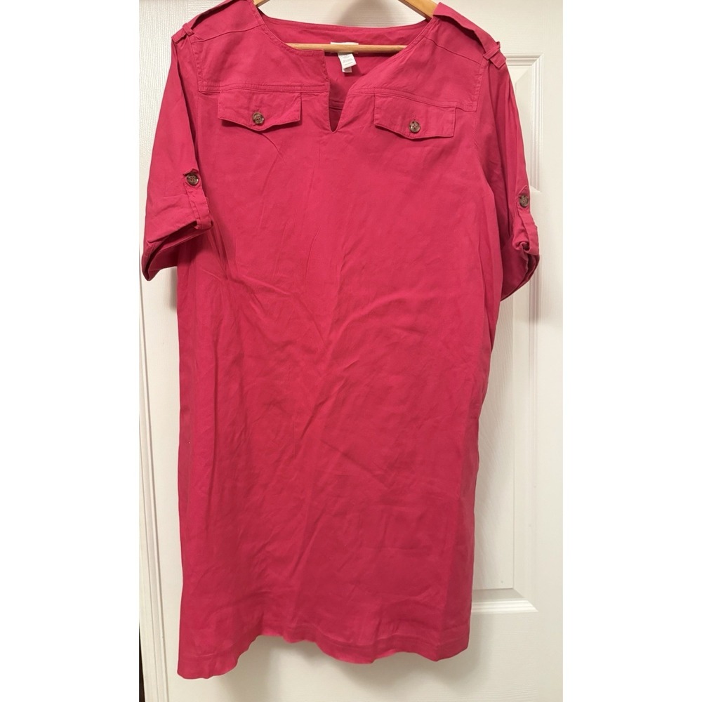 Chico's Shift Dress Womens 3 Fuchsia Pink Linen Blend Utility Split Neck Epaulet